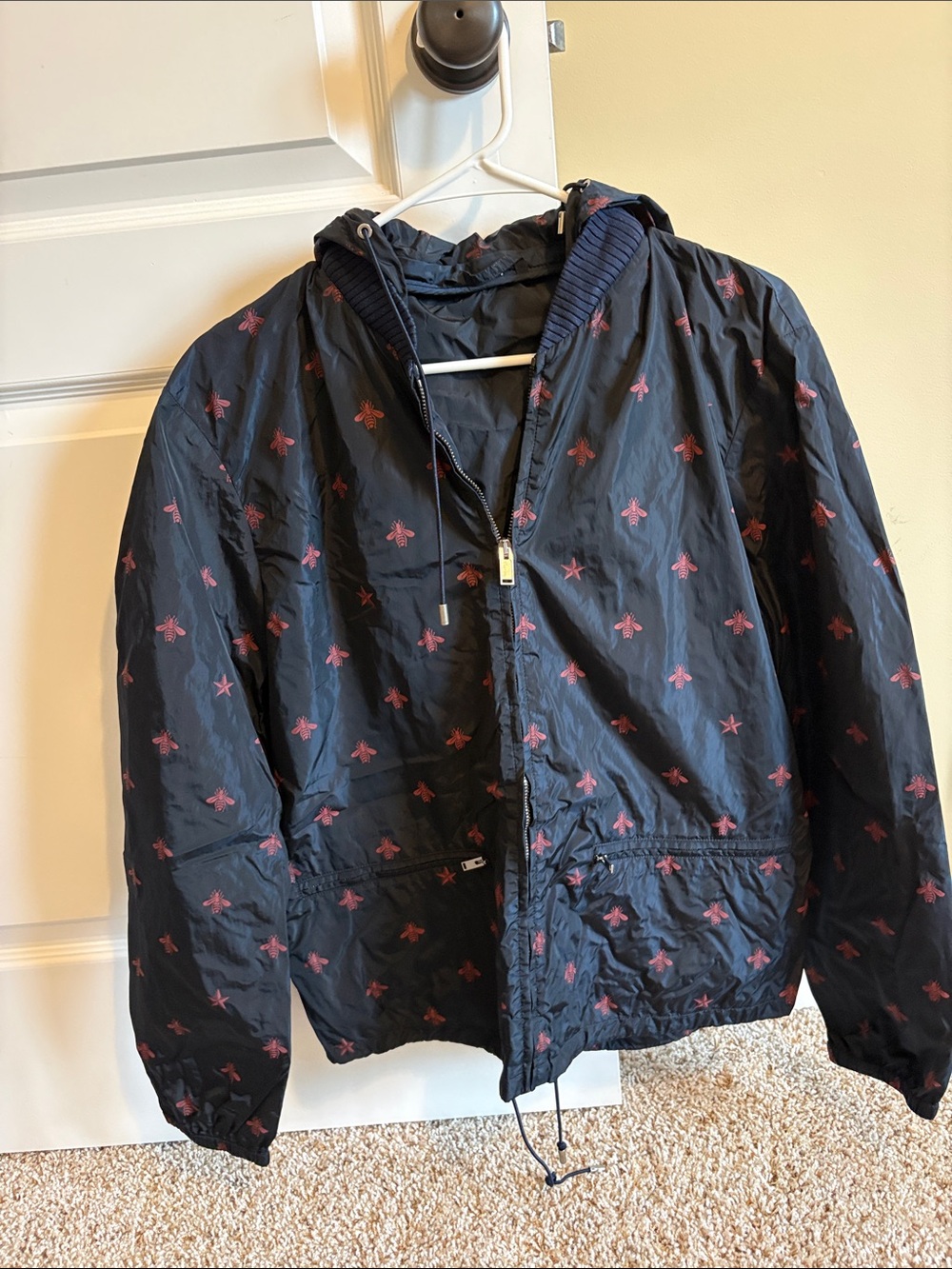 Unisex Navy Hooded Windbreaker Jacket with Red Bee Print